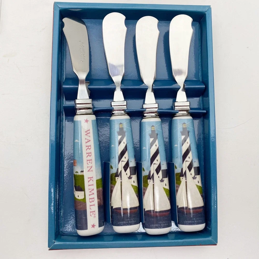 Warren Kimble Coastal Breeze Lighthouse Porcelain‎ Handle Spreader Set 4pc Blue